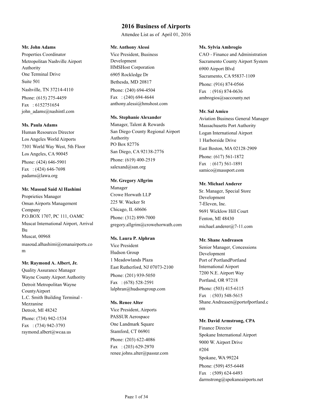 2016 Business of Airports Attendee List As of April 01, 2016