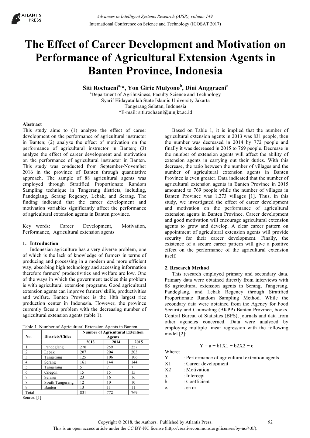 The Effect of Career Development and Motivation on Performance of Agricultural Extension Agents in Banten Province, Indonesia