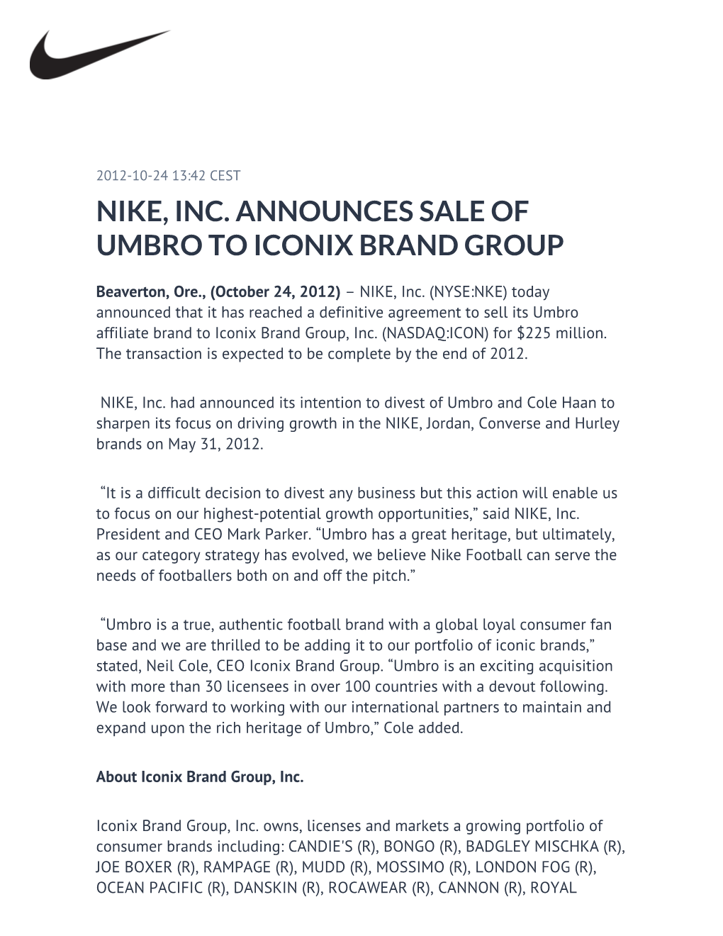 Nike, Inc. Announces Sale of Umbro to Iconix Brand Group