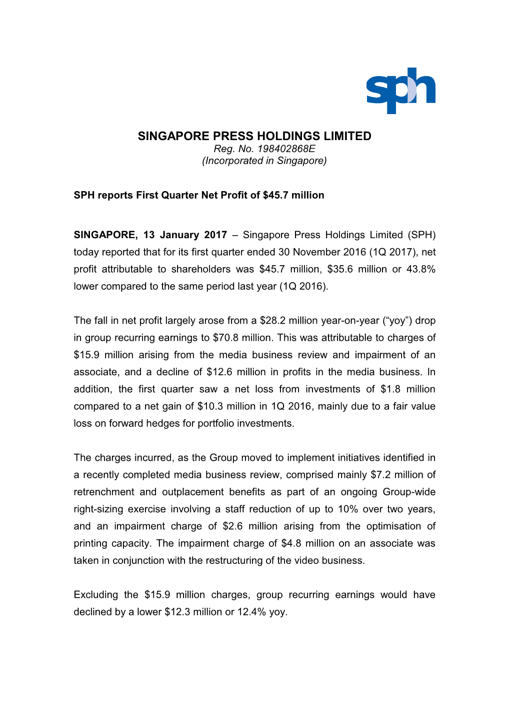 SINGAPORE PRESS HOLDINGS LIMITED Reg