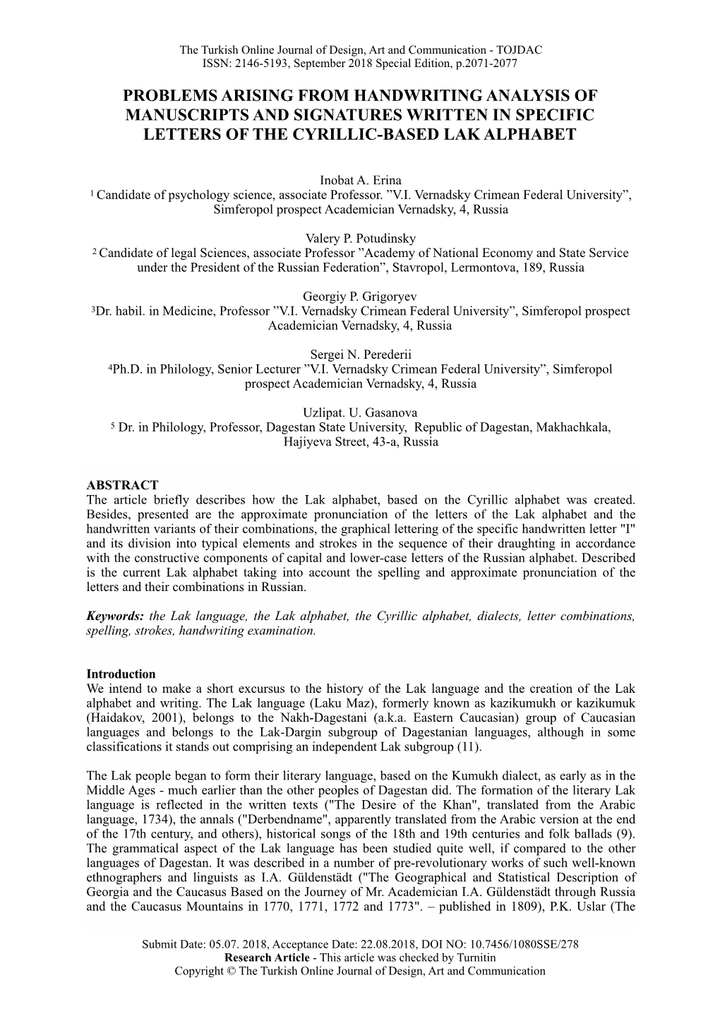 Problems Arising from Handwriting Analysis of Manuscripts and Signatures Written in Specific Letters of the Cyrillic-Based Lak Alphabet