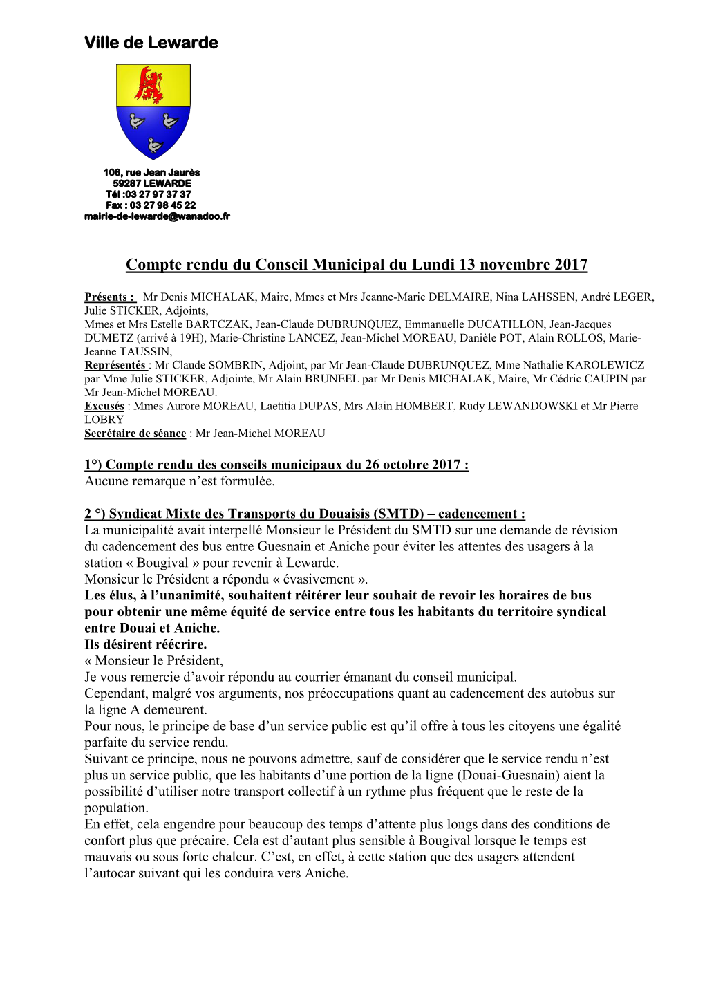 Compte Rendu Du Conseil Municipal Du 13 Novembre 2017