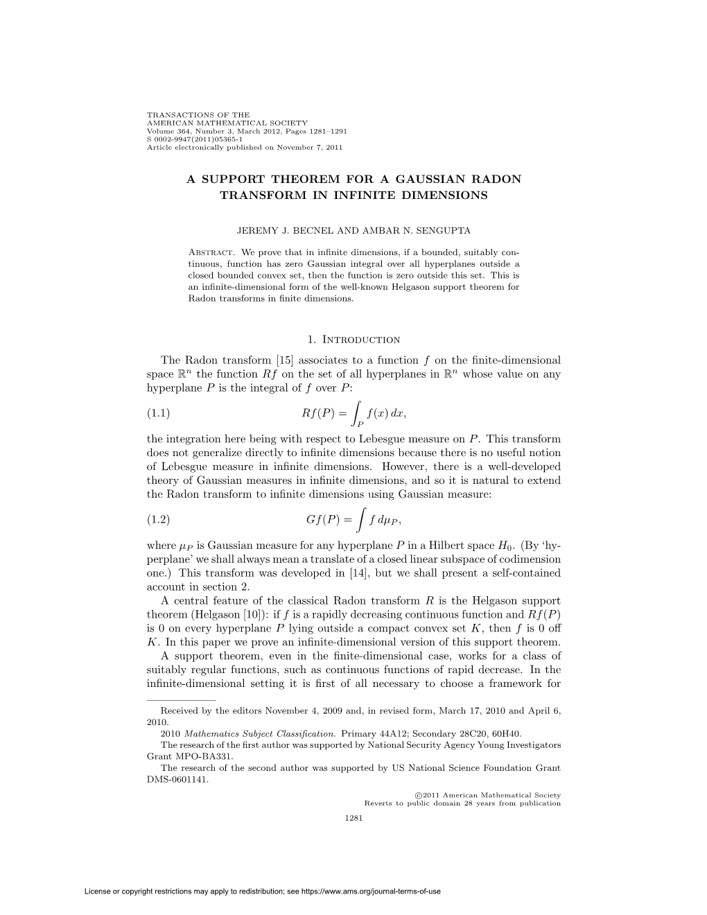 A Support Theorem for a Gaussian Radon Transform in Infinite Dimensions