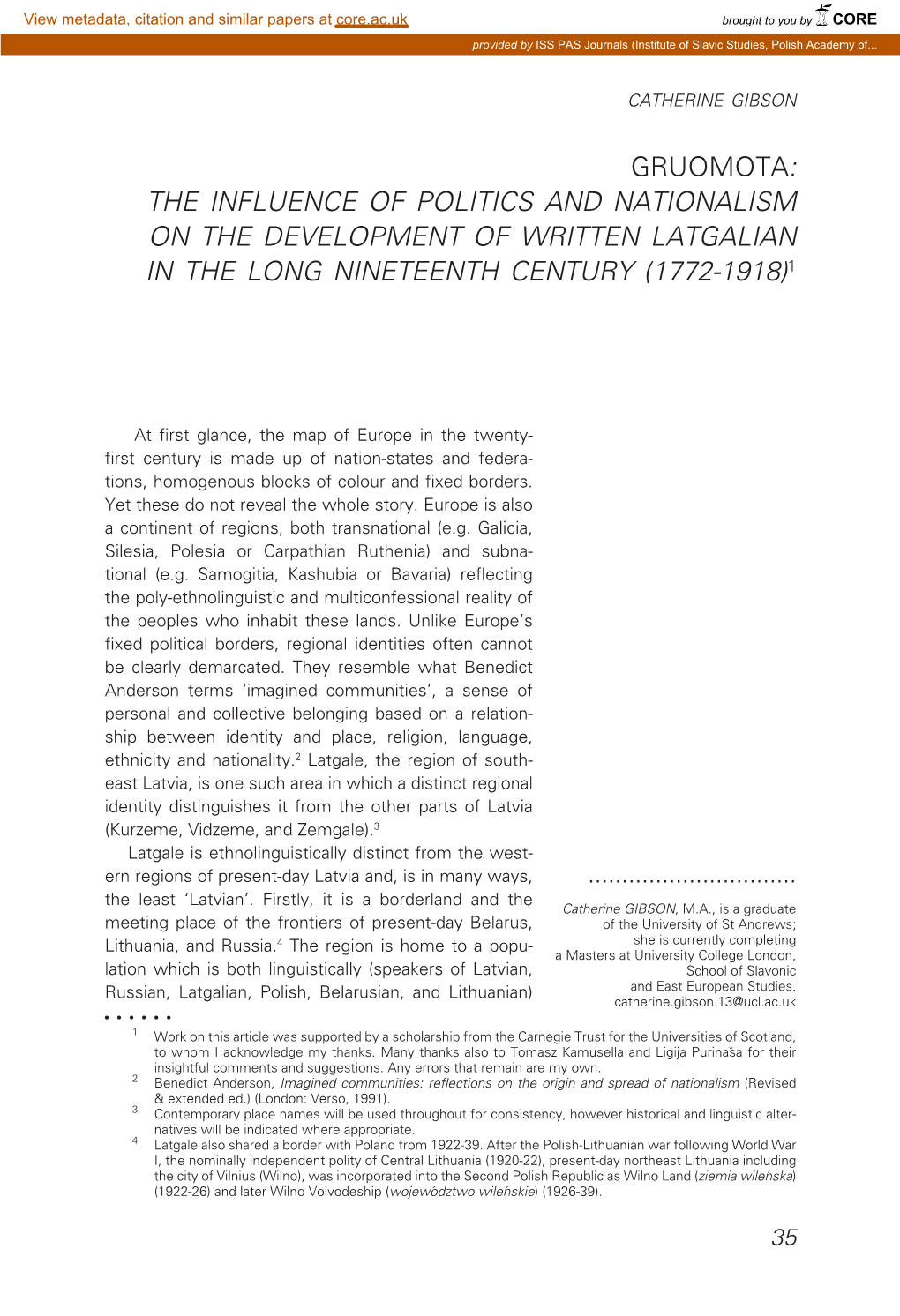 The Influence of Politics and Nationalism on the Development of Written Latgalian in the Long Nineteenth Century (1772-1918)1