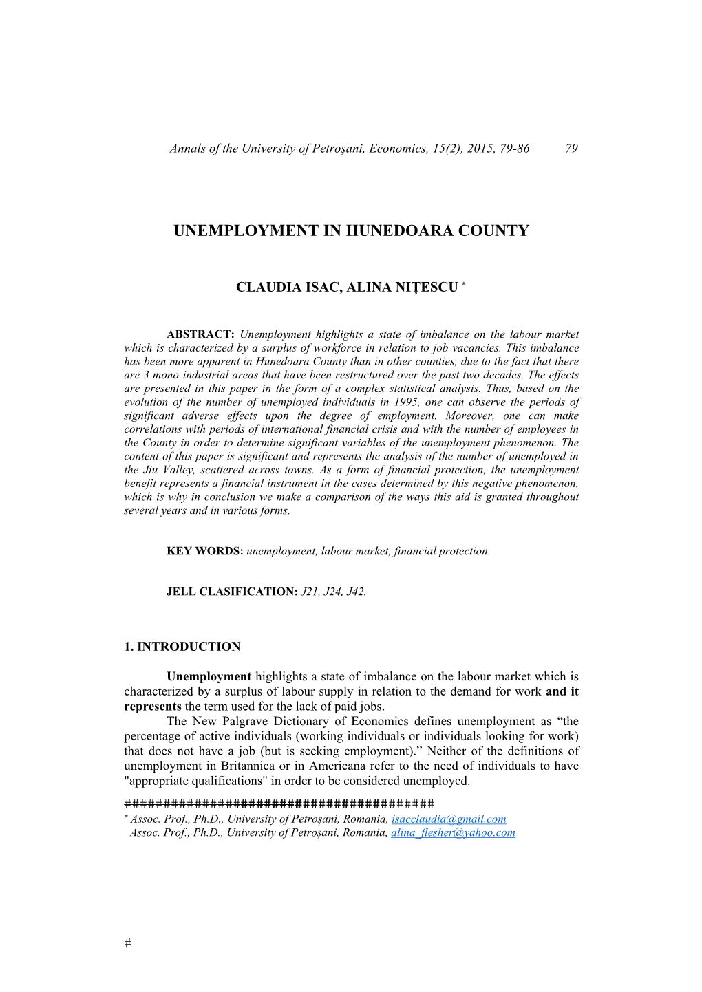 Nițescu, A. Unemployment in Hunedoara County