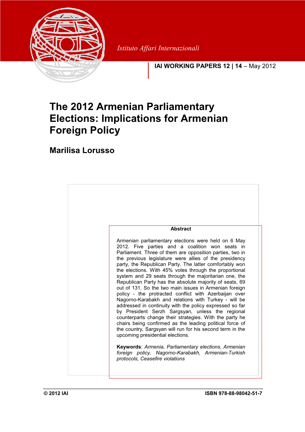 The 2012 Armenian Parliamentary Elections: Implications for Armenian Foreign Policy