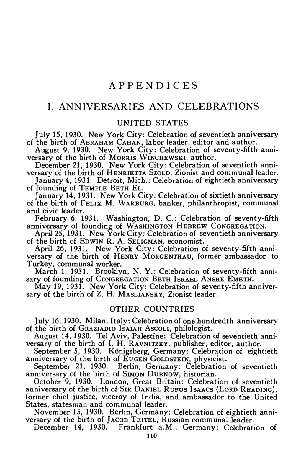 Appendices I. Anniversaries and Celebrations