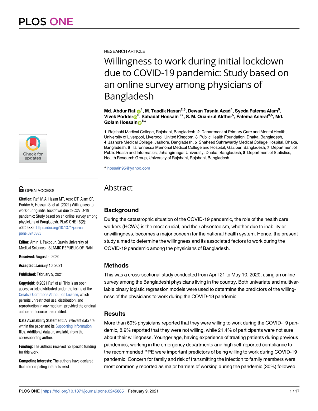 Willingness to Work During Initial Lockdown Due to COVID-19 Pandemic: Study Based on an Online Survey Among Physicians of Bangladesh