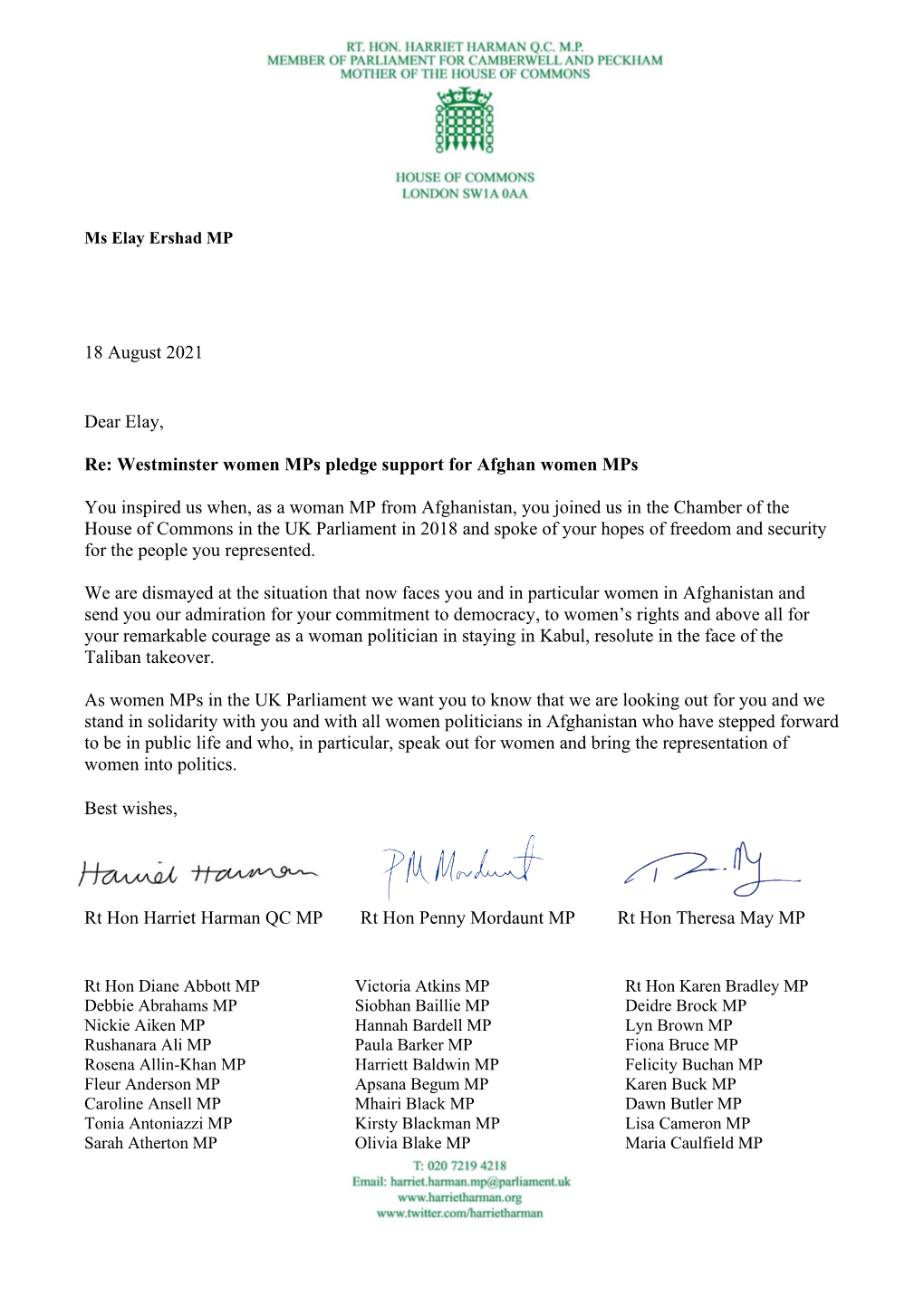 18 August 2021 Dear Elay, Re: Westminster Women Mps Pledge