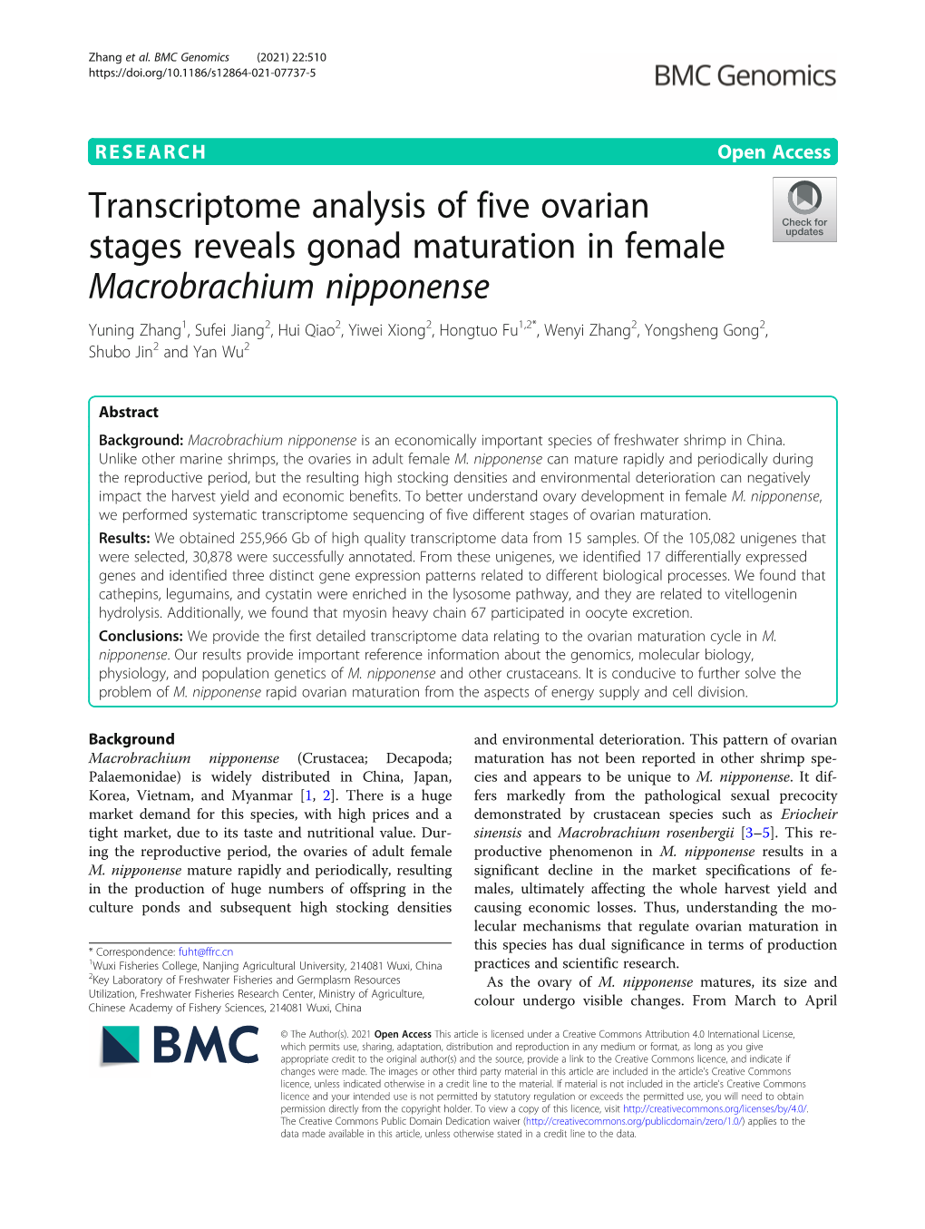 Transcriptome Analysis of Five Ovarian Stages Reveals Gonad Maturation in Female Macrobrachium Nipponense
