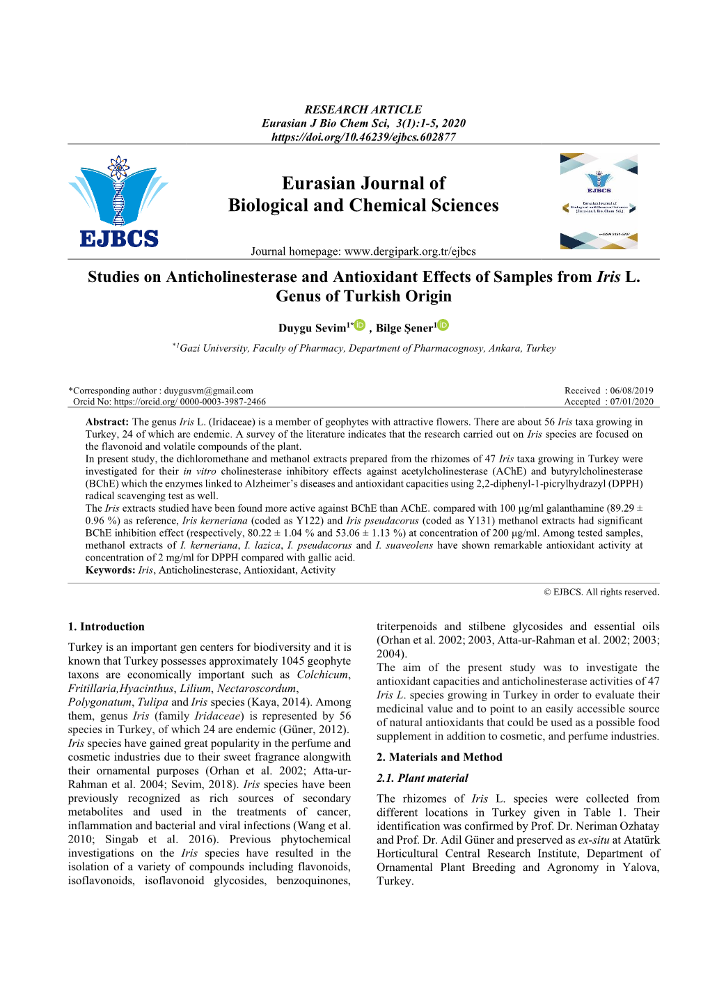 Eurasian Journal of Biological and Chemical Sciences