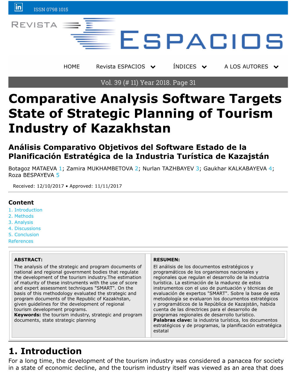 Comparative Analysis Software Targets State of Strategic Planning of Tourism Industry of Kazakhstan