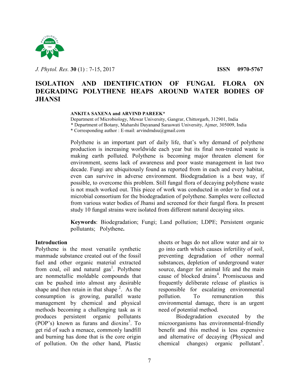 Isolation and Identification of Fungal Flora on Degrading Polythene Heaps Around Water Bodies of Jhansi
