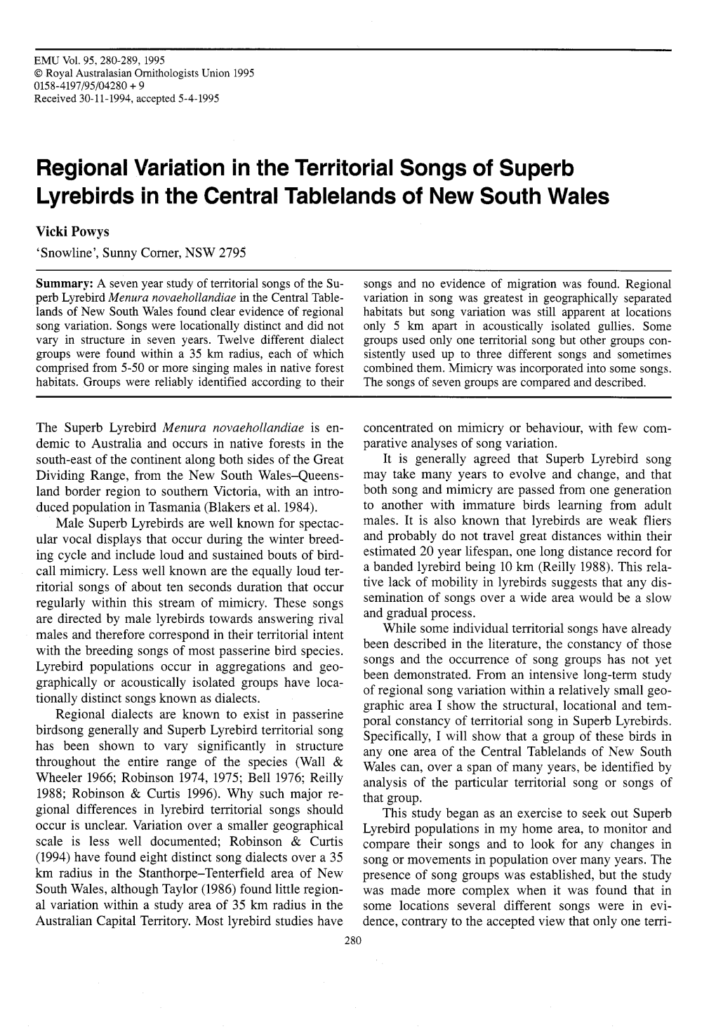 Regional Variation in the Territorial Songs of Superb Lyrebirds in the Central Tablelands of New South Wales