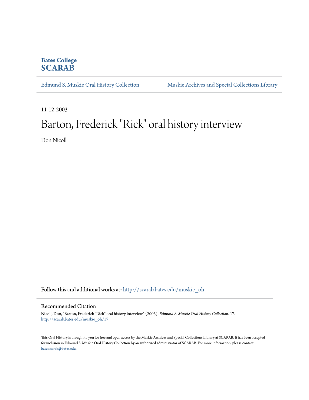 Barton, Frederick "Rick" Oral History Interview Don Nicoll