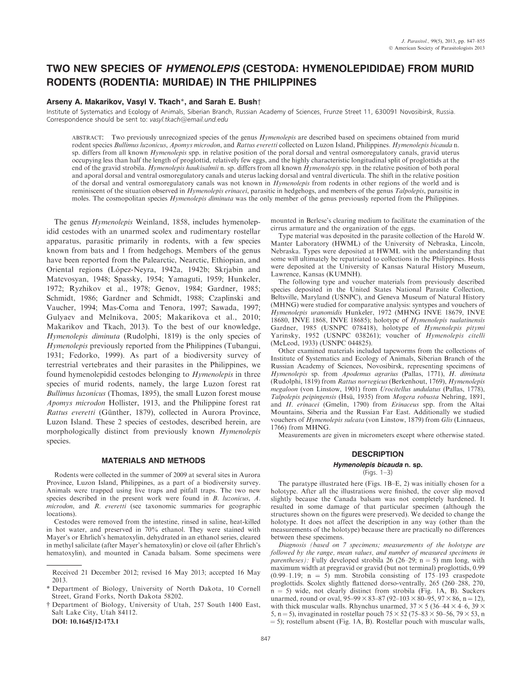 Two New Species of Hymenolepis (Cestoda: Hymenolepididae) from Murid Rodents (Rodentia: Muridae) in the Philippines