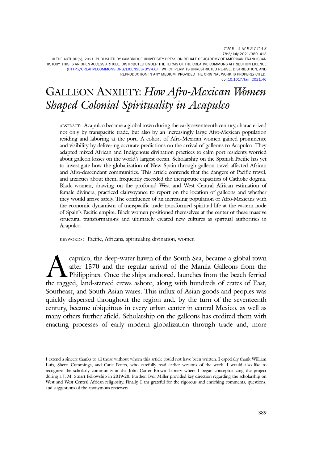 GALLEON ANXIETY: How Afro-Mexican Women Shaped Colonial Spirituality in Acapulco