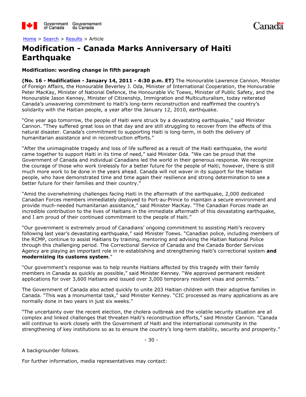Modification - Canada Marks Anniversary of Haiti Earthquake
