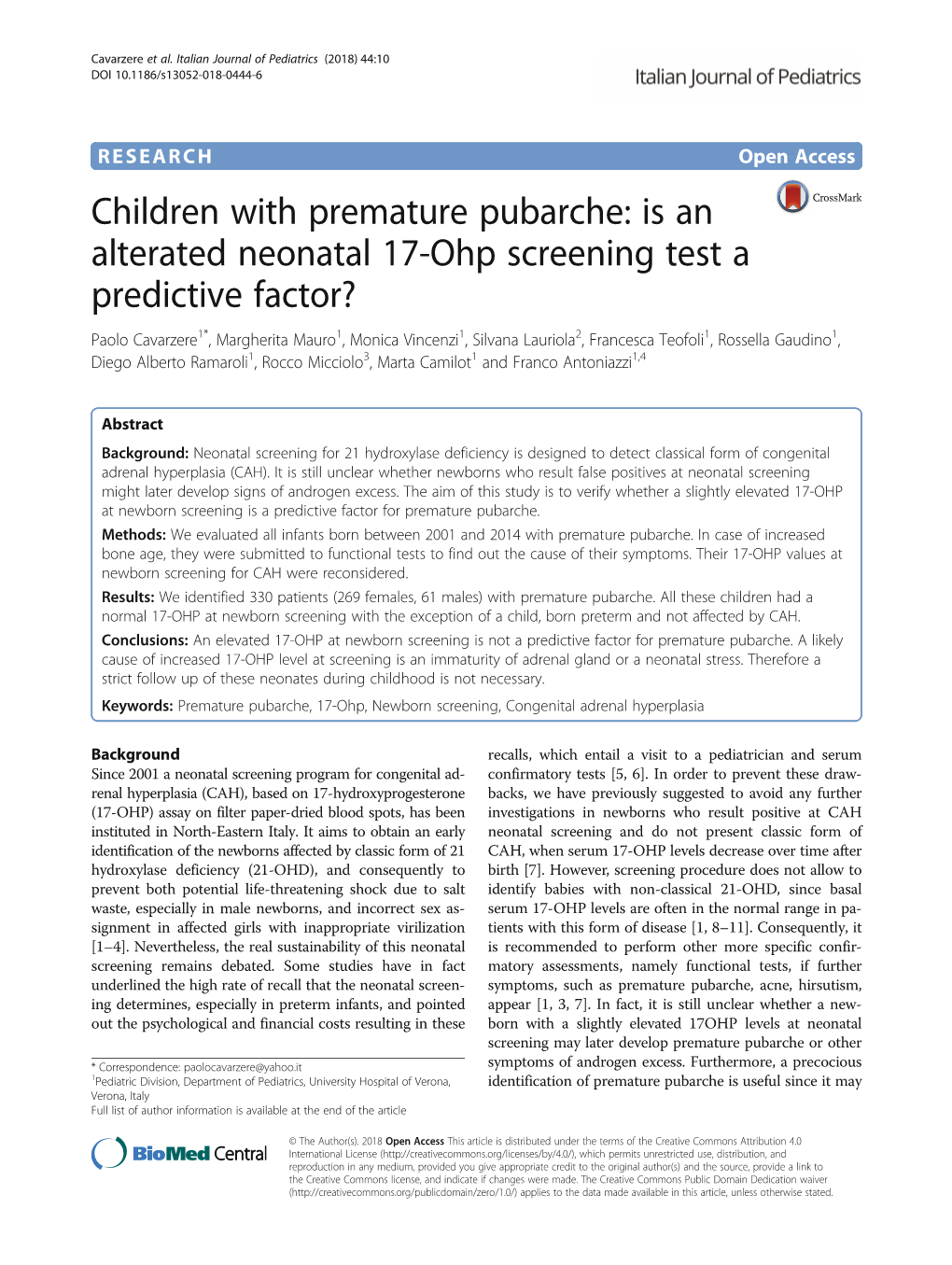 Children with Premature Pubarche: Is an Alterated Neonatal 17-Ohp