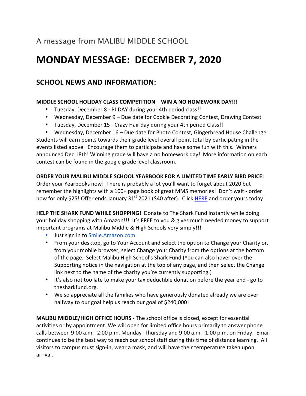 Monday Message: December 7, 2020