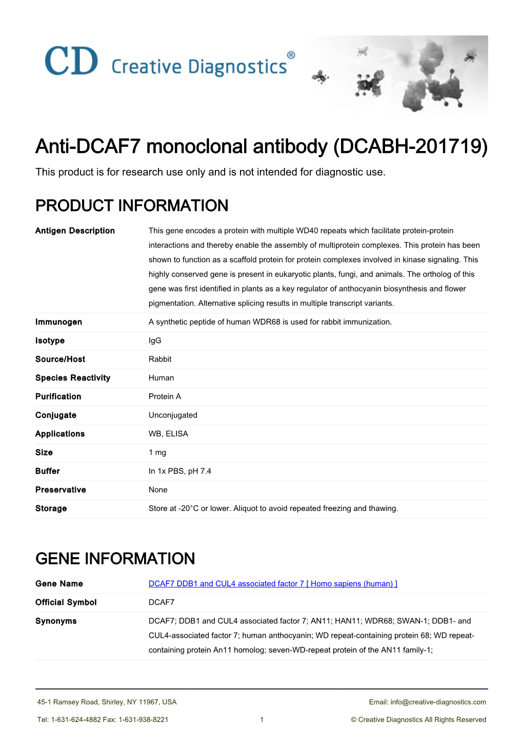 Anti-DCAF7 Monoclonal Antibody (DCABH-201719) This Product Is for Research Use Only and Is Not Intended for Diagnostic Use