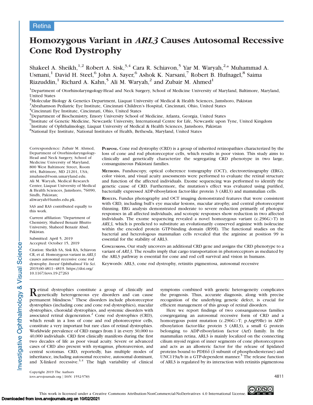 Homozygous Variant in ARL3 Causes Autosomal Recessive Cone Rod Dystrophy
