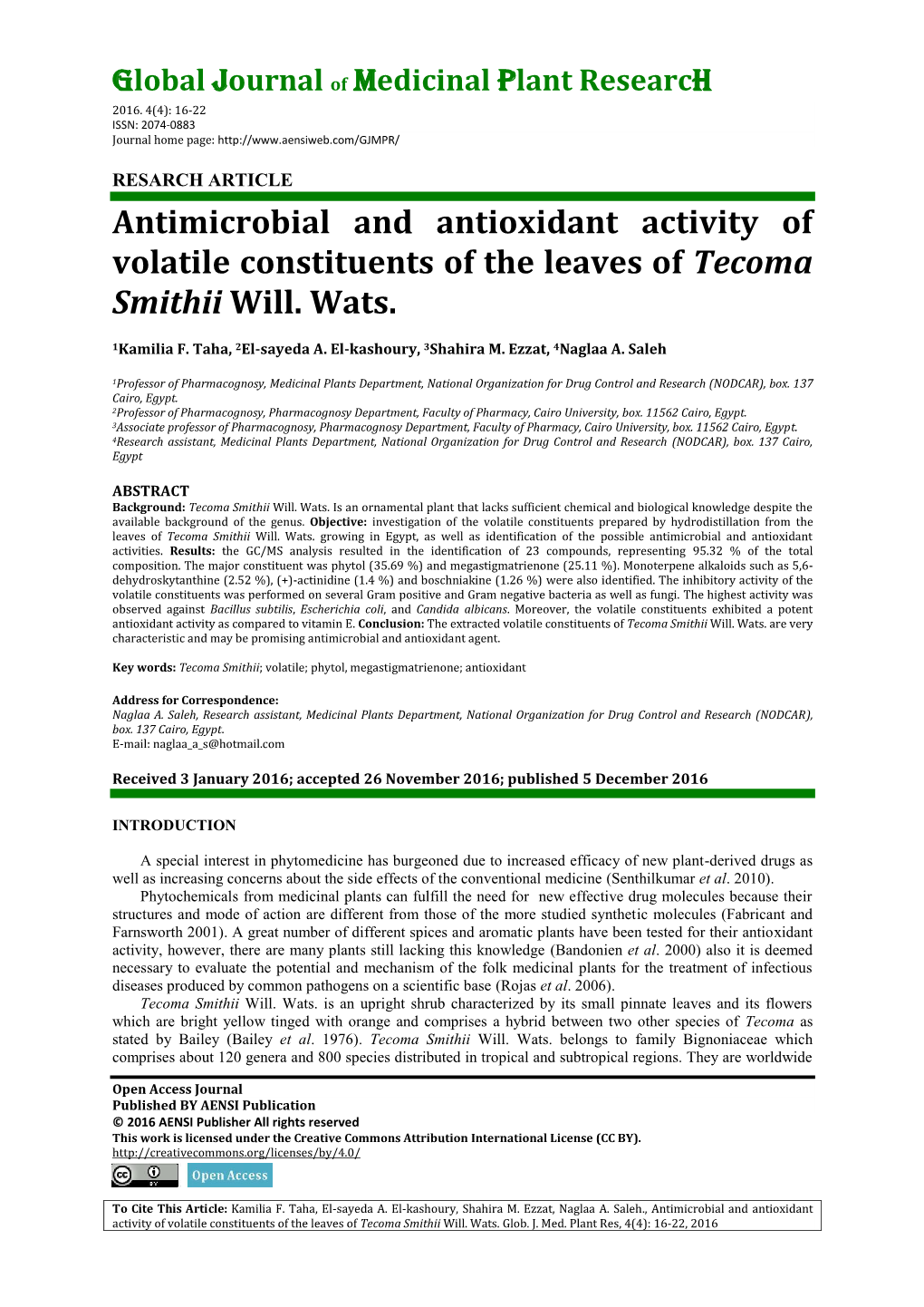 Antimicrobial and Antioxidant Activity of Volatile Constituents of the Leaves of Tecoma