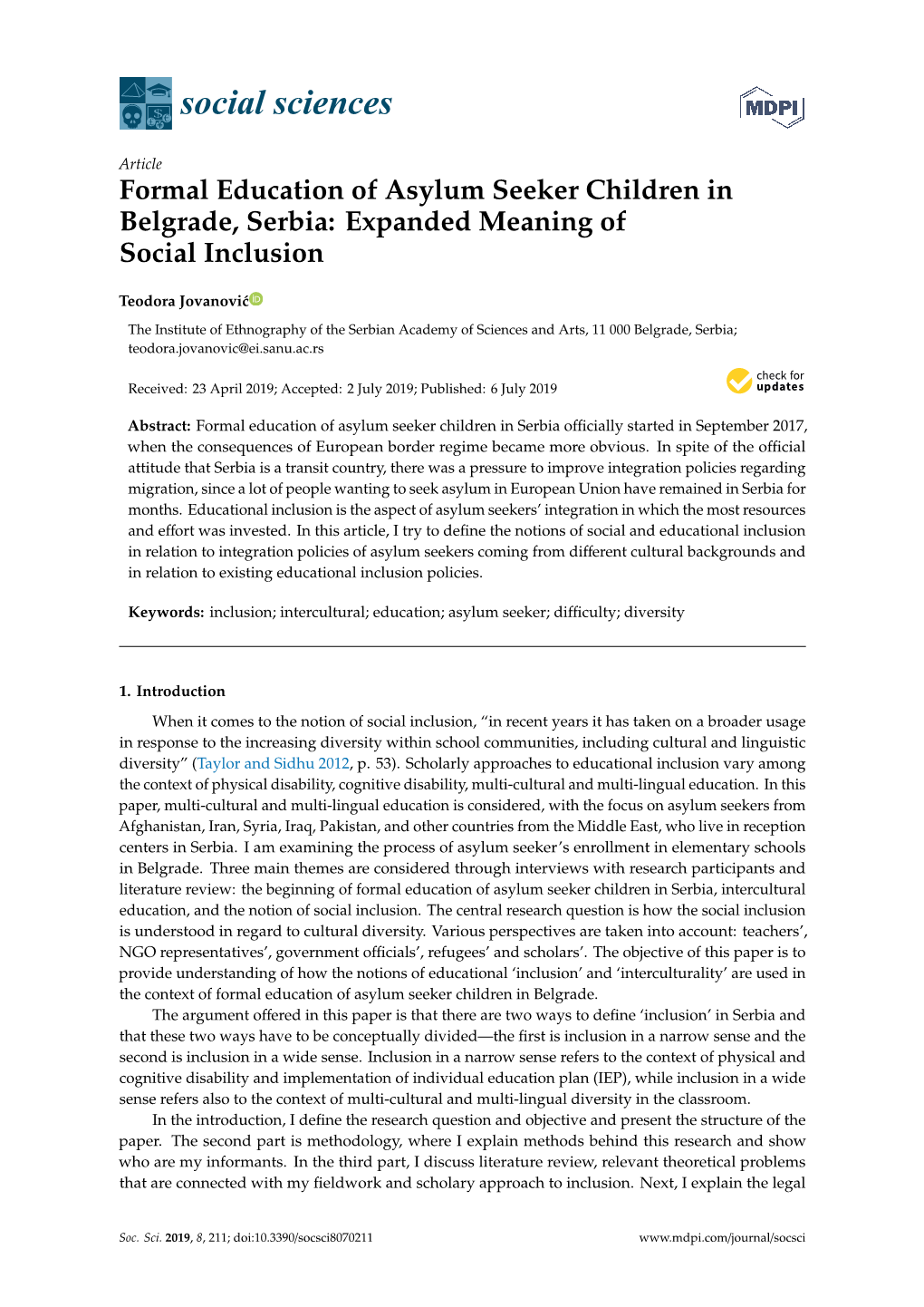 Formal Education of Asylum Seeker Children in Belgrade, Serbia: Expanded Meaning of Social Inclusion