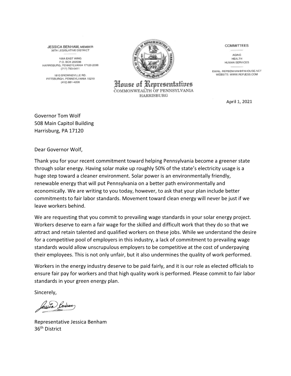 Letter to Gov. Wolf
