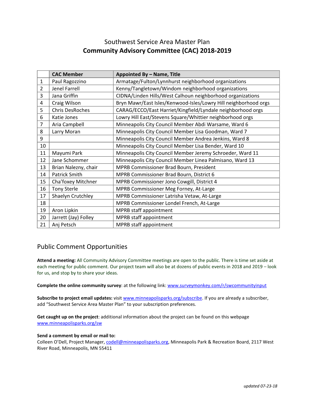 Southwest Service Area Master Plan CAC Roster