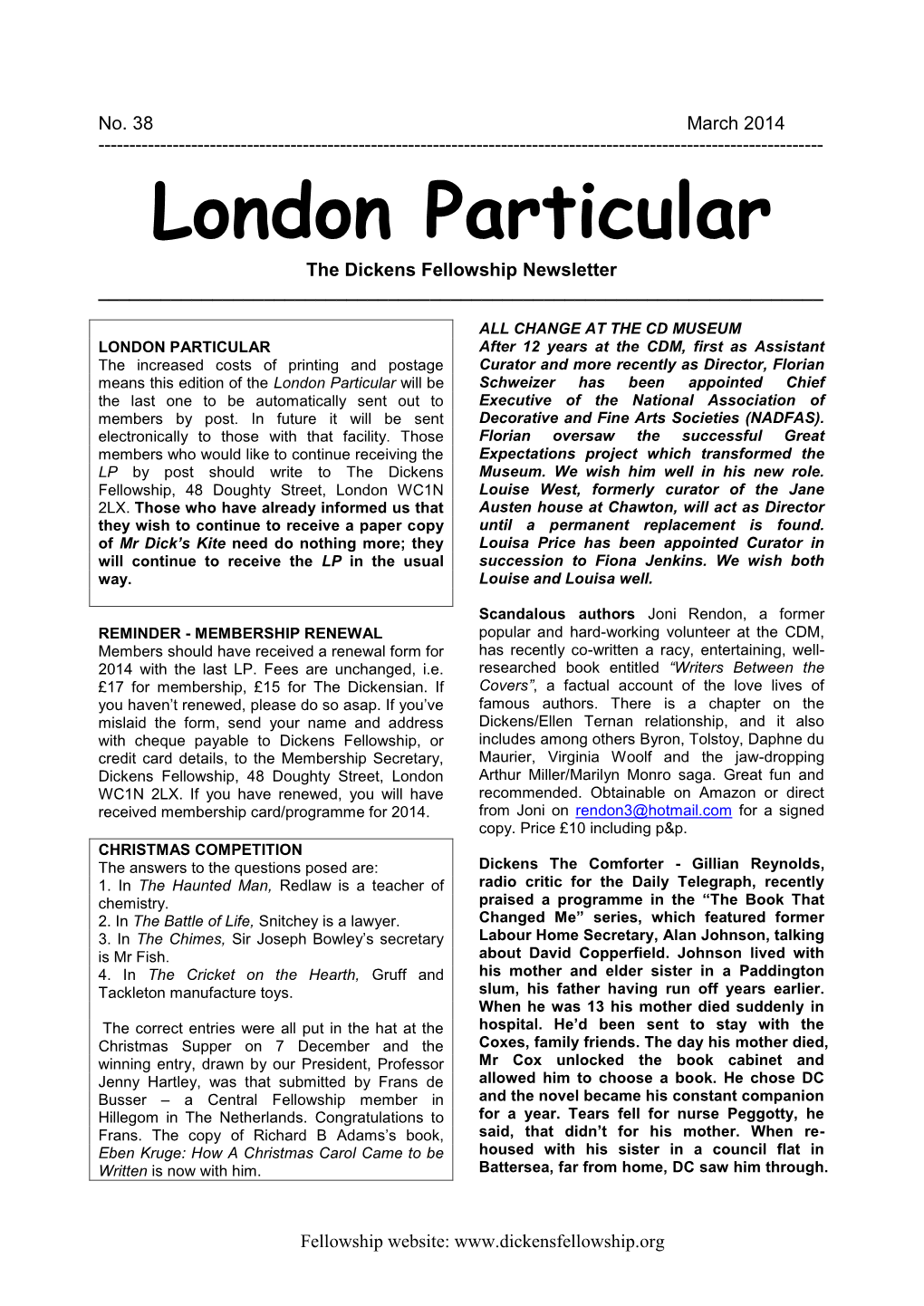 March 2014 ------London Particular the Dickens Fellowship Newsletter ______