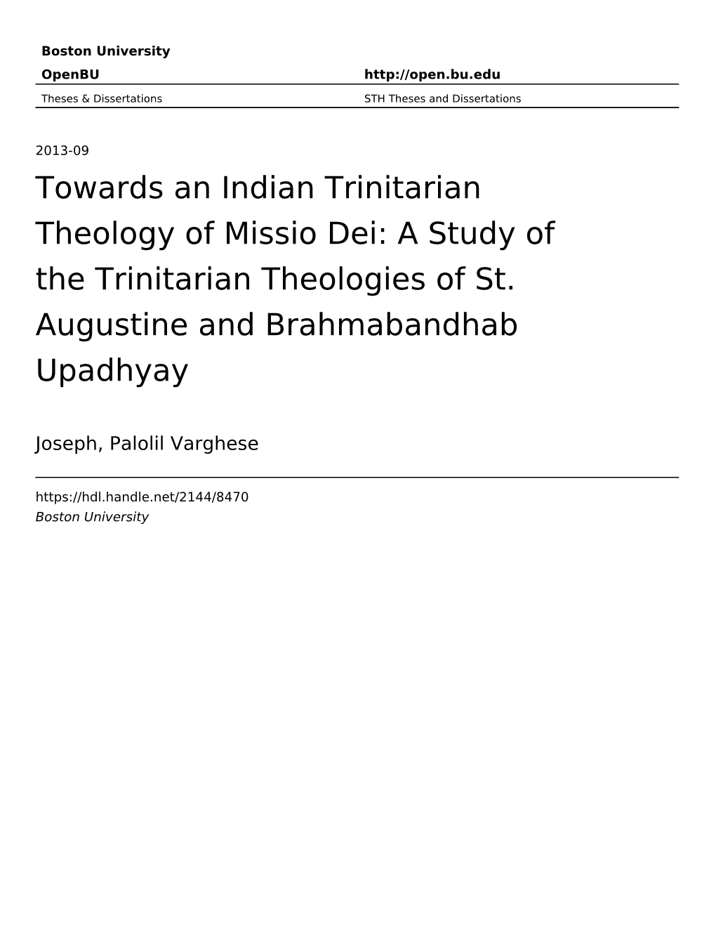 Towards an Indian Trinitarian Theology of Missio Dei: a Study of the Trinitarian Theologies of St