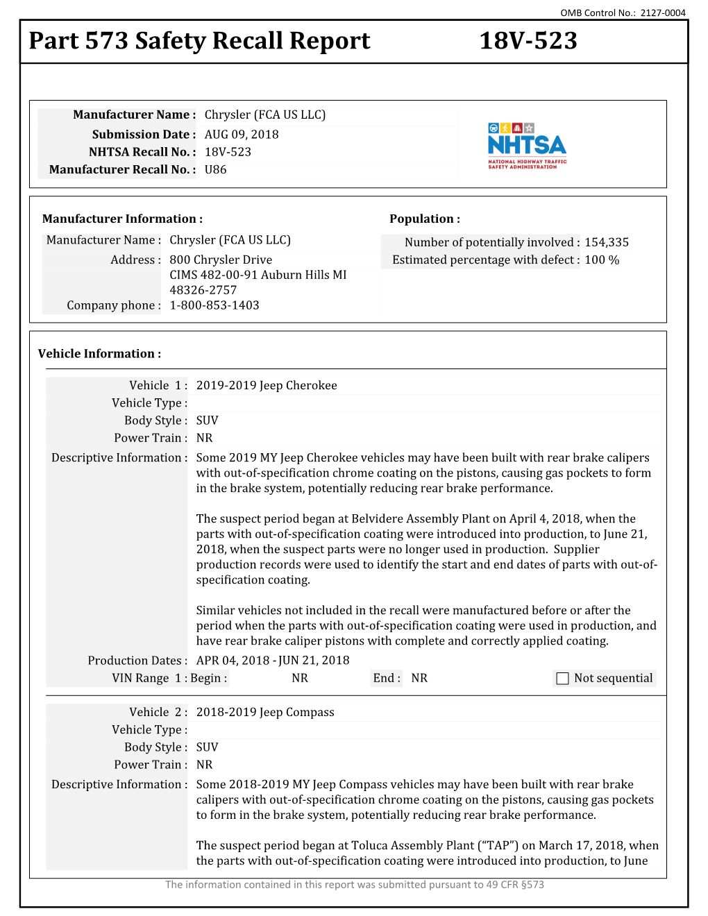 Part 573 Safety Recall Report 18V-523