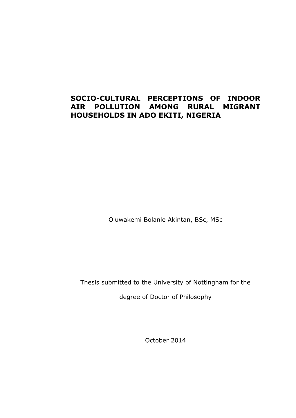 Socio-Cultural Perceptions of Indoor Air Pollution Among Rural Migrant Households in Ado Ekiti, Nigeria