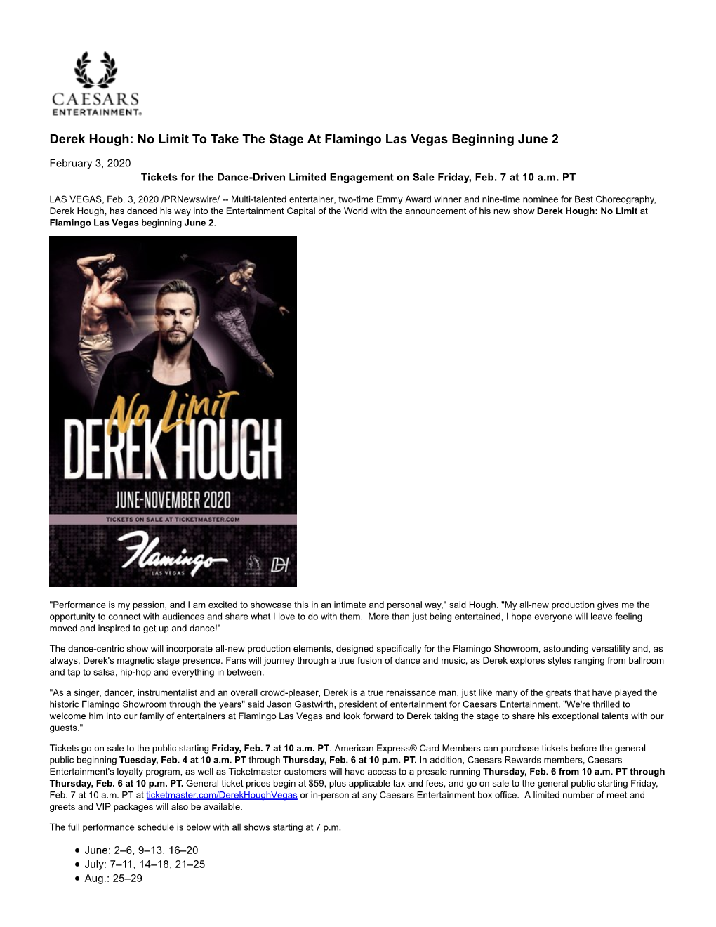 Derek Hough: No Limit to Take the Stage at Flamingo Las Vegas Beginning June 2