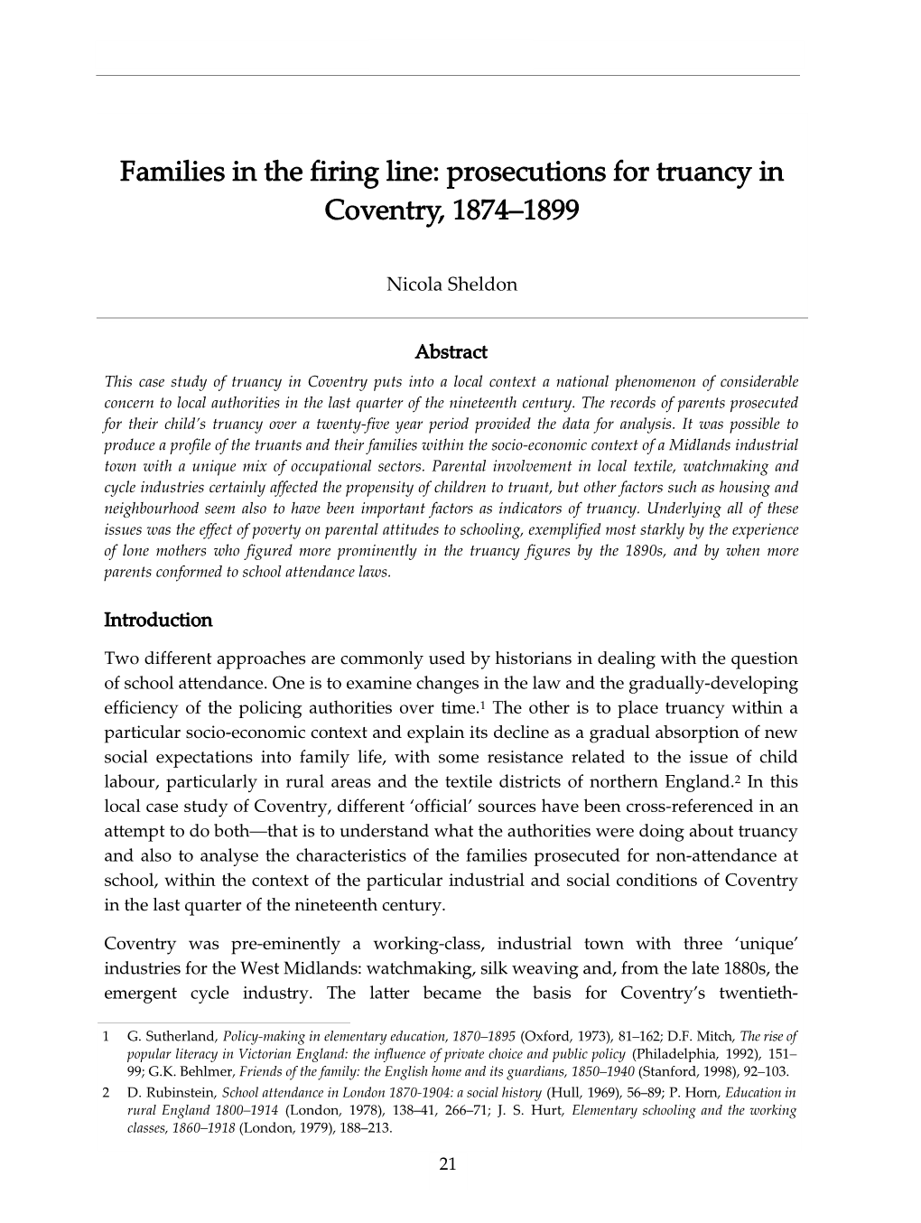 Families in the Firing Line: Prosecutions for Truancy in Coventry, 1874-1899