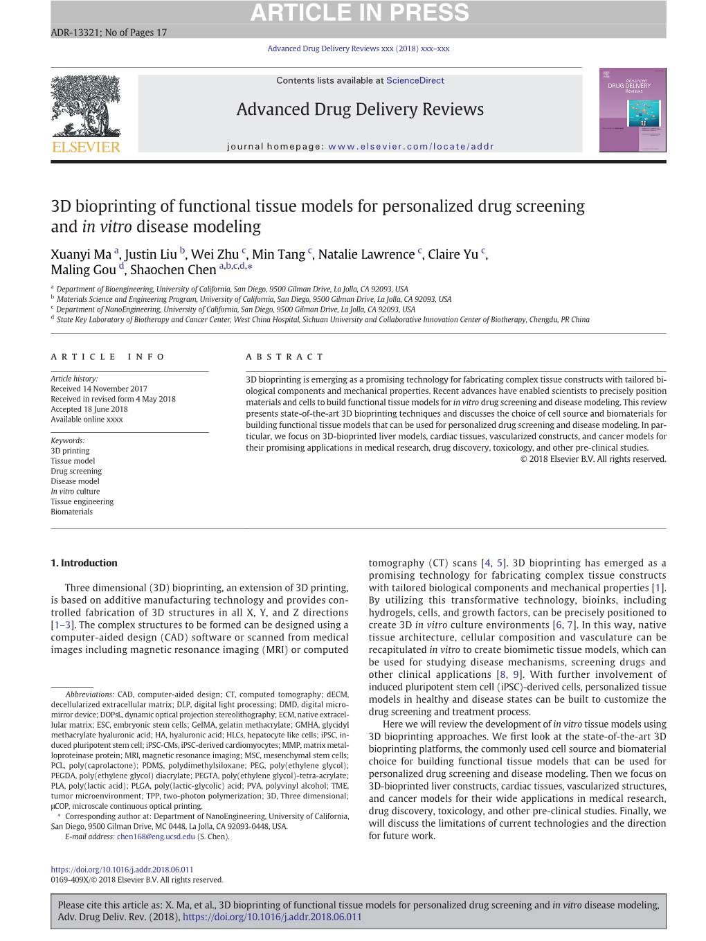 3D Bioprinting of Functional Tissue Models for Personalized Drug Screening and in Vitro Disease Modeling