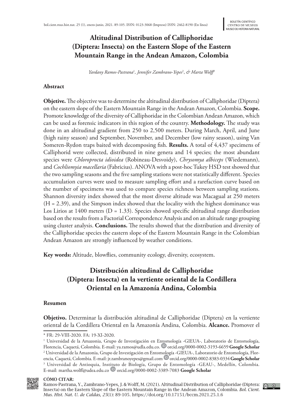 Altitudinal Distribution of Calliphoridae (Diptera: Insecta) on the Eastern Slope of the Eastern Mountain Range in the Andean Amazon, Colombia