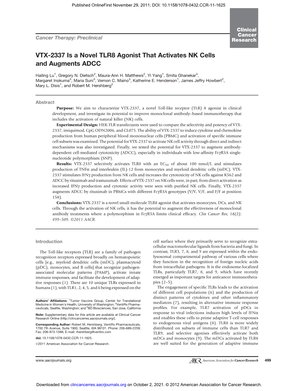 VTX-2337 Is a Novel TLR8 Agonist That Activates NK Cells and Augments ADCC