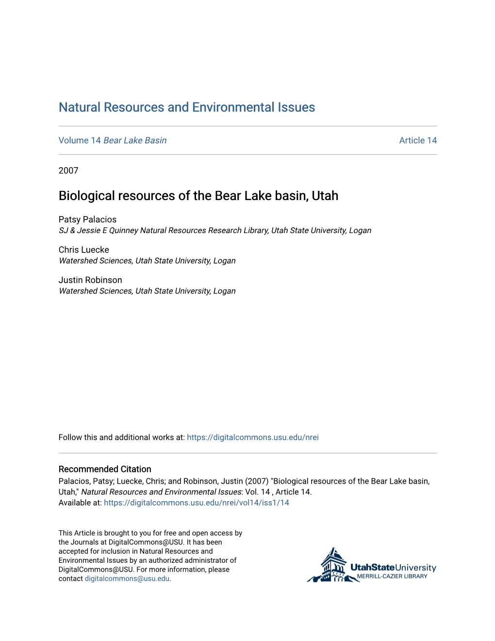 Biological Resources of the Bear Lake Basin, Utah