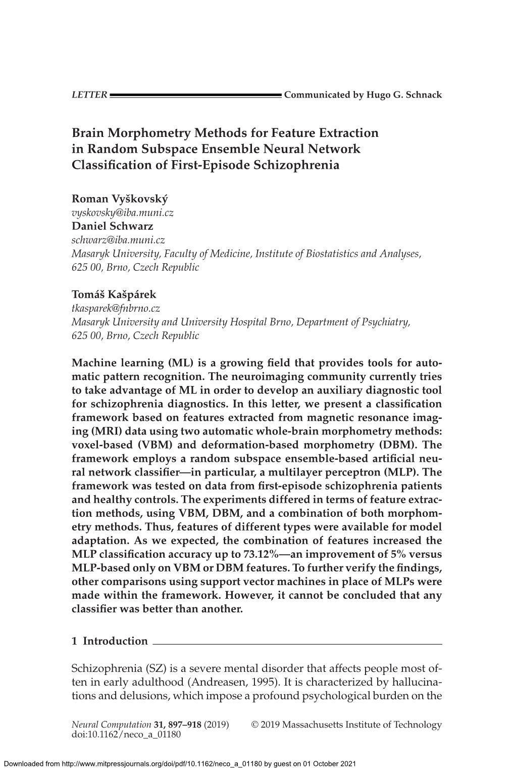 Brain Morphometry Methods for Feature Extraction in Random Subspace Ensemble Neural Network Classification of First-Episode Schizophrenia