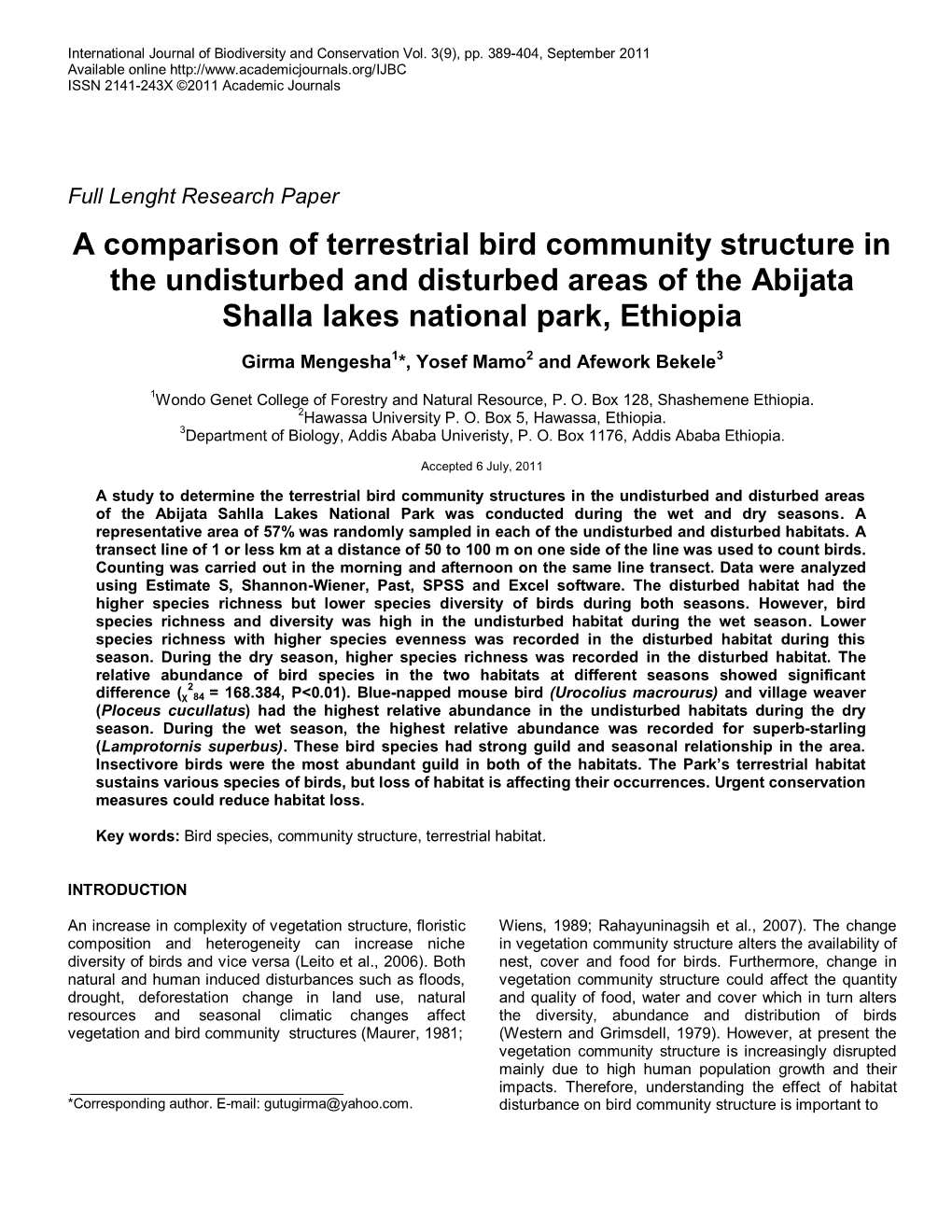 A Comparison of Terrestrial Bird Community Structure in the Undisturbed and Disturbed Areas of the Abijata Shalla Lakes National Park, Ethiopia