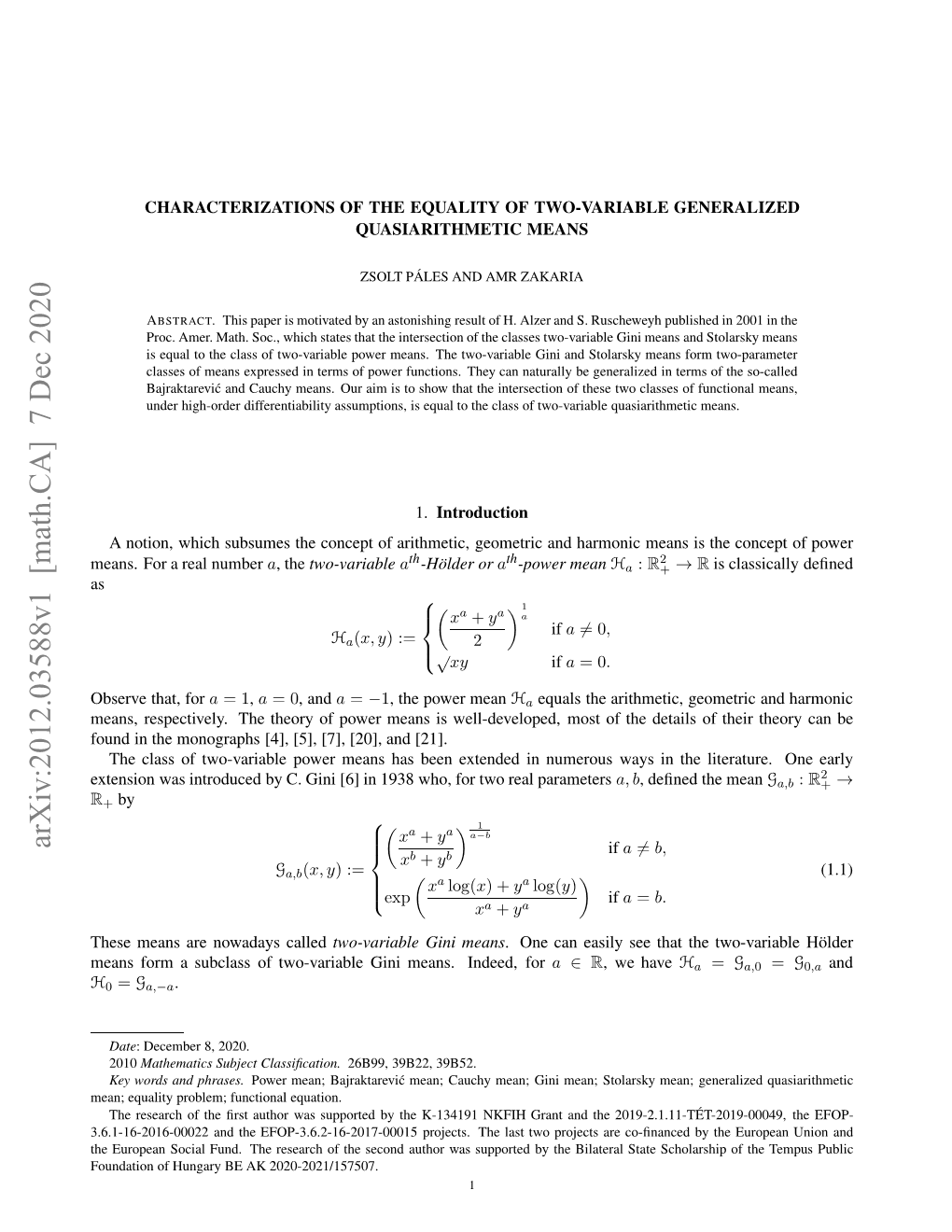 Arxiv:2012.03588V1 [Math.CA] 7 Dec 2020 H Uoensca Ud H Eerho H Eodato W Author Second the 2020-2021/157507