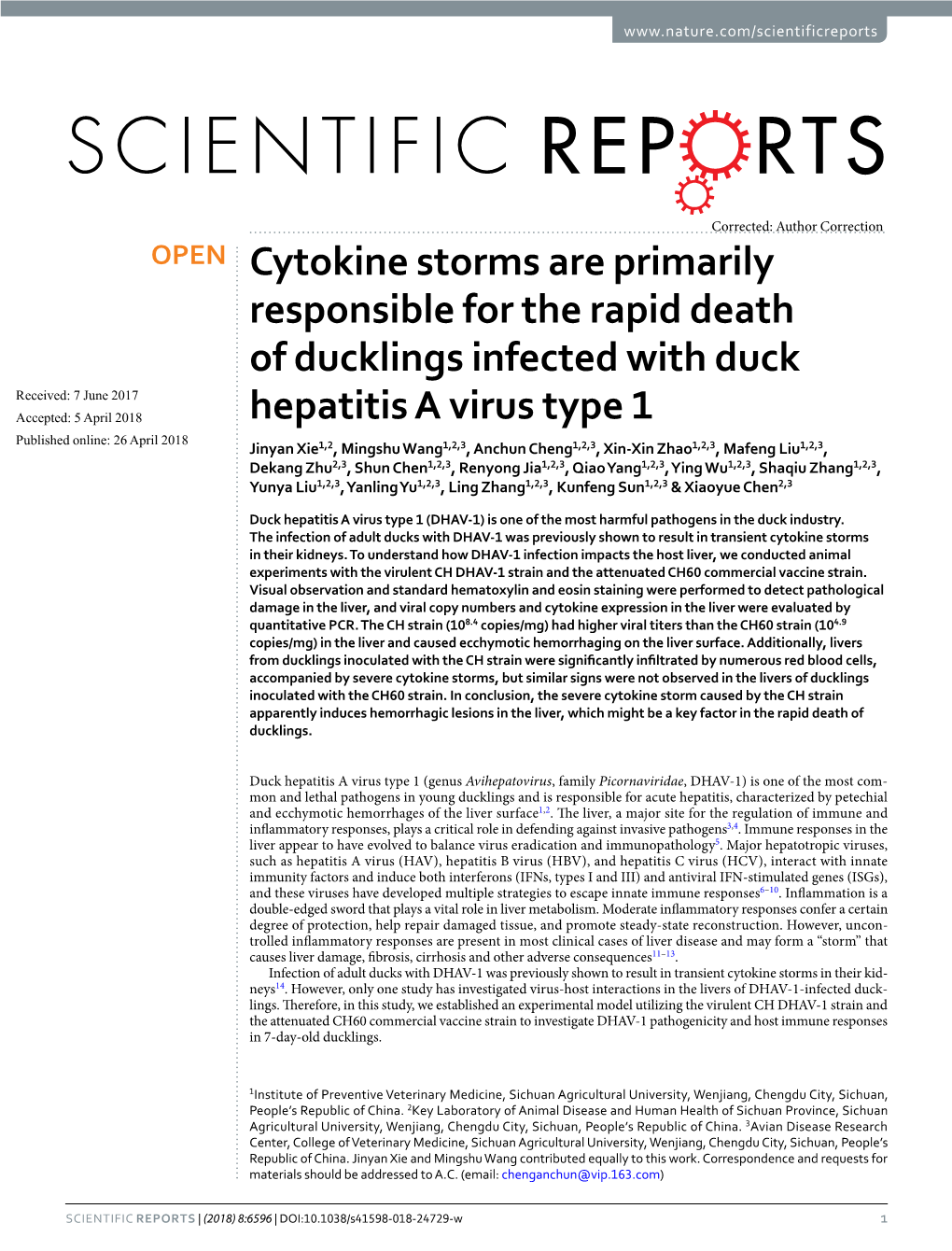 Cytokine Storms Are Primarily Responsible for the Rapid Death of Ducklings Infected with Duck Hepatitis a Virus Type 1