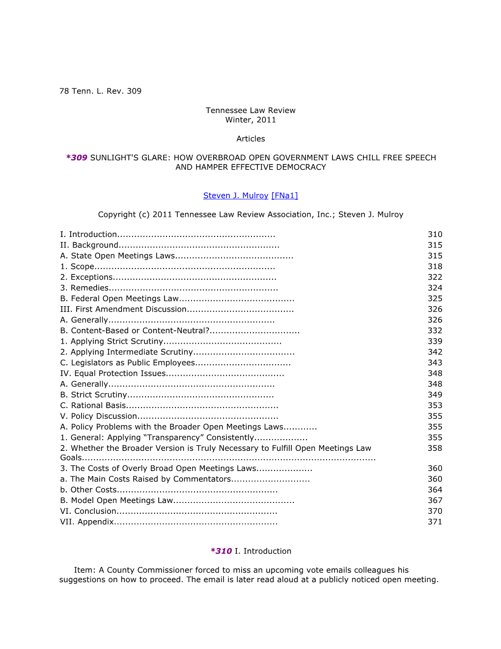 78 Tenn. L. Rev. 309 Tennessee Law Review Winter, 2011 Articles *309
