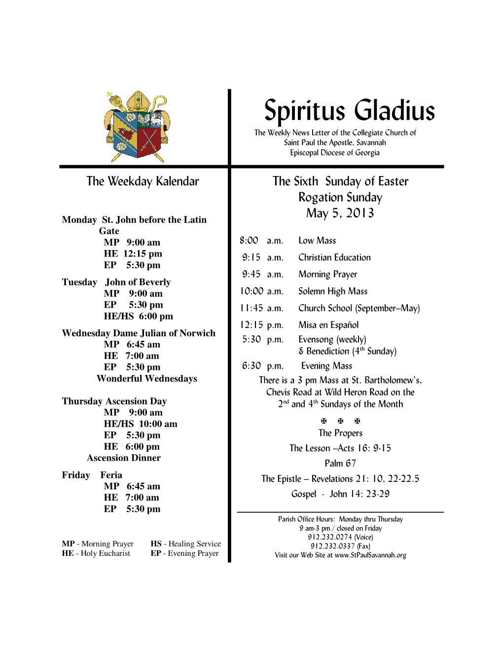 Spiritus Gladius the Weekly News Letter of the Collegiate Church of Saint Paul the Apostle, Savannah Episcopal Diocese of Georgia