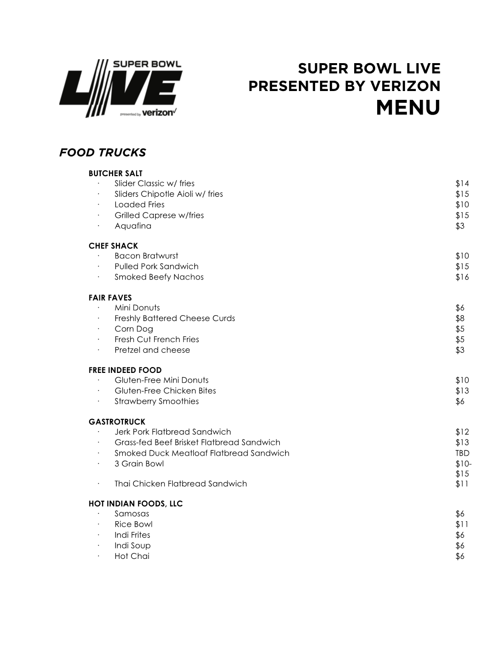 Super Bowl Live Presented by Verizon Menu