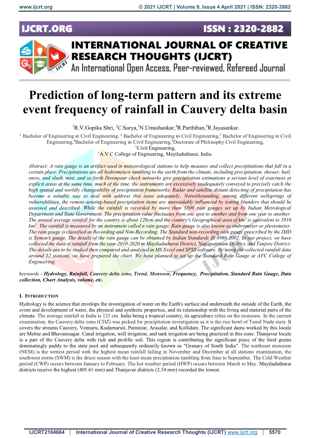 Prediction of Long-Term Pattern and Its Extreme Event Frequency of Rainfall in Cauvery Delta Basin