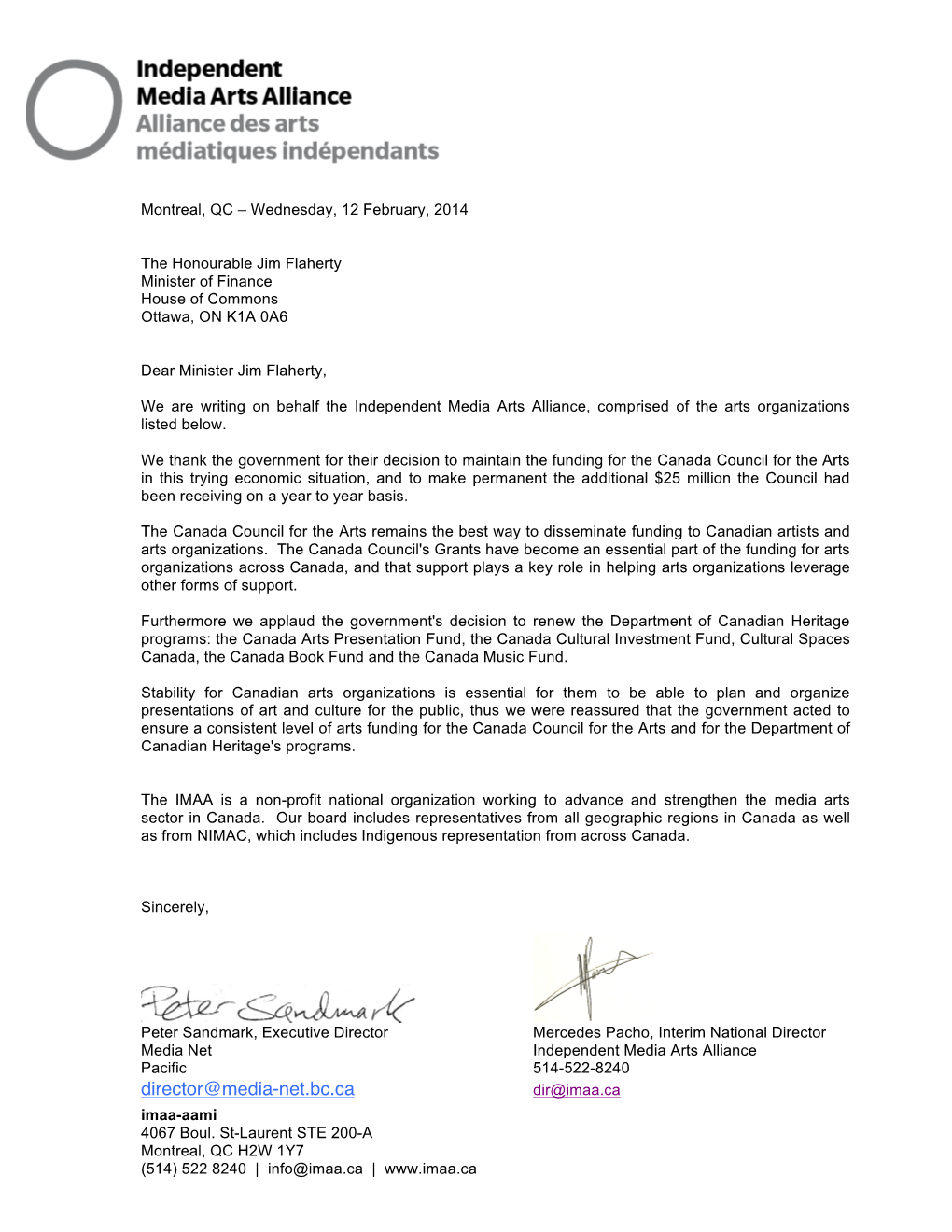 Letter Addressed to the Honourable Jim Flaherty, Minister of Finance