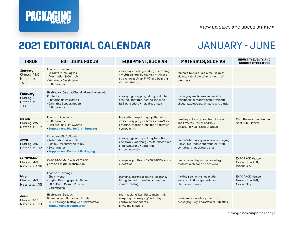 2021 Editorial Calendar January  June